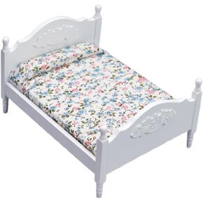 1/12 Dollhouse Bed Miniature Queen Bed Mini Woode Bed for Dollhouse Bedroom Furniture (Wood)