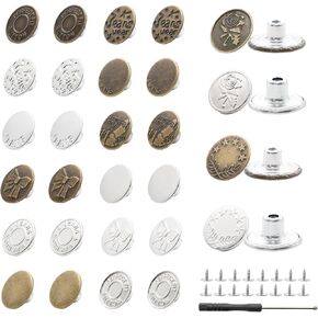 Lilaly 32 Sets 16 Styles Jean Button Replacement, 17mm and 20mm No-Sew Replacement Jean Buttons for Loose Pants Tightener(Style 1)
