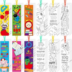 72Pcs 100th Day of School Color Your Own Bookmarks for Kids DIY Coloring Blank Bookmark Including Pencil Ruler Painting Paper Classroom Party Supplies Goodie Bag Fillers Reading Rewards