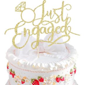 Just Engaged Cake Topper, Glitter Engaged Cake Topper Engaged Ring Sign Suitable for Bridal Engagement Wedding Cake Decoration Party Supplies - Gold