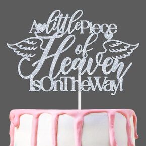 A Little Piece of Heaven is on The Way Cake Topper, Angel Themed Baby Shower Party Decor, Heaven Theme Welcome Baby Party Decorations Supplies, Silver Glitter
