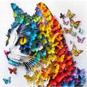 Cat Puzzles for Adults 1000 Pieces, Butterfly Kitty Paper Cut Cat Jigsaw Puzzles, Rainbow Animal Puzzle for Home Decor