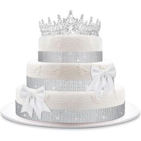 4 Pcs Silver Crown Cake Topper Set Tiara Birthday Queen Topper Crowns, 79" x 1.6" Rhinestone Ribbon and Bows for Cake Decor Flower Bouquets Wedding Birthday Party Bridal Baby Shower DIY Craft