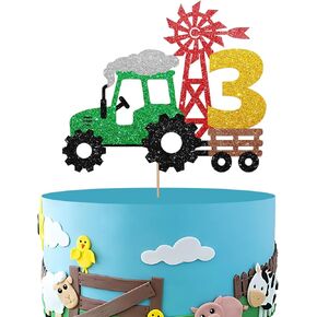 Tractor 3rd Birthday Cake Topper, Tractor Three Cake Topper for Boy, Farm Truck 3 Years Old Birthday Cake Decor, Farm Barnyard Themed 3rd Birthday Party Decoration - Green Glitter