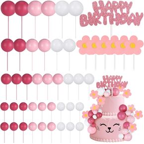 43pcs Cartoon Cat Cake Toppers Pink and White Ball Decorations and Happy Birthday Flower Cake Toppers for Baby Shower Birthday Party Supplies Decorations