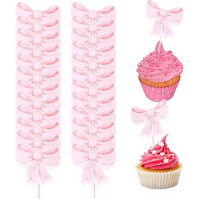 24 Pcs Pink Bow Cupcake Toppers, Pink Bow Cake Topper Pink Bow Tie Girls Birthday Cupcake Decorations Bowknot Cupcake Toppers for Wedding Baby Shower Birthday Bachelorette Party