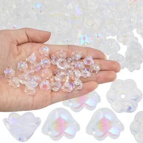 100Pcs Czech Glass Flower Beads Transparent Gradient Colorful Glaze Trumpet Floral Lily of The Valley Flower Aesthetic Beads Spacer Bead Caps for DIY Jewelry Making Handmade Crafts Gift