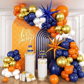 132pcs Blue and Orange Balloon Arch Garland Kit with Navy Blue Orange White Metallic Gold Balloons Foil Balloon for Blue and Orange Birthday Party Decorations