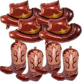 Western-Balloons Cowboy-Balloon 8PCS Large Cowboy Cowgirl Hat Boot Foil Balloons Western Birthday Party Rodeo Bachelorette Decorations Supply