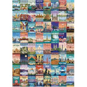 World Landmarks Travel Puzzle 1000 Pieces for Adult, Nature Landscape Art Jigsaw Puzzle New York Paris Scenic, Travel City Beach Scenery Poster Puzzle