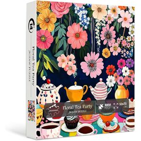 Flower 1000 Piece Puzzle for Adults, PICKFORU Colorful Tea Cups Wildflower Garden Jigsaw Puzzles, Hard Difficult Cupcake Afternoon Tea Theme as Art Decor
