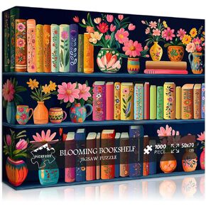 Blooming Bookshelf Jigsaw Puzzles 1000 Pieces, PICKFORU Wildflower Pages Puzzle, Plant Floral Flowers Books Literary Themed, Colorful Art Library Impossible Challenging Puzzles for Adults