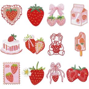 12Pcs Strawberry Iron On Patch Cute Fruit Cake Bow Sew on Repair Embroidered Applique Decorative Patches Suitable Jeans Clothing Hats Backpacks Trousers Bouquets (Pink Red)