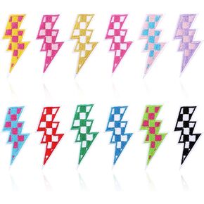 12PCS Checkered Lightning Bolt Iron On Patches for Hats, Multicolour Racing Iron On Stickers for Hats Jackets Jeans Bags DIY Trucker Clothes Shirt Decor
