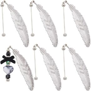 SUNNYCLUE 1 Box 6Pcs Feathers Book Markers Bulk Silver Alloy Bookmark Metal Beadable Book Mark with Blank Bar Hairpin Stick Vintage Hook Bookmarker for Beading Jewelry Charms Book Reading Student Gift