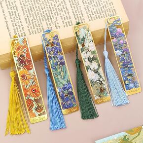 4 Pieces Metal Bookmarks with Tassels, Van Gogh Oil Painting Theme (Iris, White Rose, Sunflower, Water Lily), Hollow Design, for Book Lovers, Women, Men, Kids