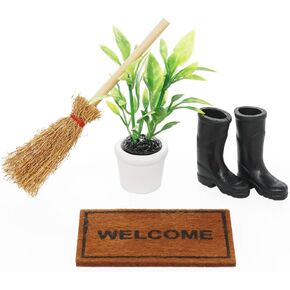 Odoria 1/12 Miniature Rubber Boots Plants Welcome Mats Doormat Broom Dollhouse Decoration Accessories