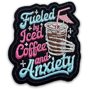 Fueled by Iced Coffee and Anxiety Patch 3 Inches Funny Skeleton Hand Mental Health Iron On/Sew On Embroidery Fabric Applique Patches for Trucker Hats Clothes Backpack DIY Accessories Friends Gifts