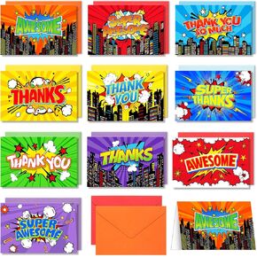 Cholemy 40 pcs Hero Thank You Cards Assortment with Envelopes Comic Colorful Appreciation Folded Cards for Child Kids Classroom School Hero Party Greeting Cards Child Boys Girls Birthday Party Favor