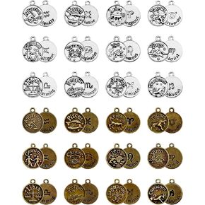 JIALEEY DIY Zodiac Charm Set, 48 Count 4 Sets Antique Tibetan Silver and Bronze Round Zodiac Sign Charms Constellation Pendants for Necklace Bracelet Jewelry Making and Crafting