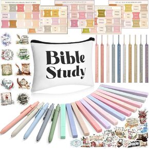 34 Pcs Bible Journaling Kit Bible Study Kit Pencil Case Pouch Pastel No Bleed Highlighters Gel Pens Bible Leather Bookmarks Bible Tabs Bible Stickers for Women and Men, Bible Study Supplies
