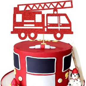 Fire Truck Cake Topper Glitter Fireman Themed Party Decoration Firefighter Graduation or Birthday Party Supplies