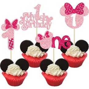 Ephlyn 24Pcs Mouse 1st Birthday Cupcake Toppers, Pink Bow Mini First Birthday Cake Decorations Mouse One Cupcake Picks for Baby Shower 1st Birthday Party Decors Black Pink