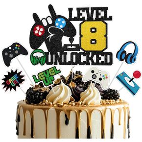 Video Game Cake Topper, Level 10 Unlocked Cake Topper, 10 Years Old Game Party Decorations for Boys Girls, Video Game Controller Themed Birthday Party Supplies for Game Fans, Kids and Men
