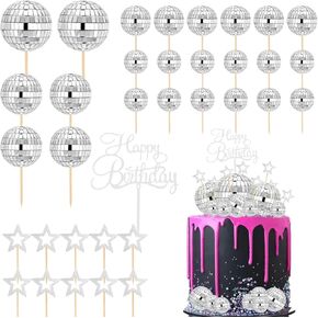 CAVETEE Disco Ball Cake Topper, 35PCS Silver Disco Party Cake Decorations Happy Birthday Cake Topper for 70s 80s 90s Disco Themed Dance Party Supply Bachelorette Birthday Wedding