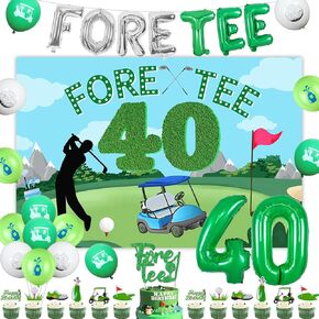 Kreatwow Golf 40th Birthday Decorations Green 40th Birthday Decorations for Men Fore Tee Backdrop Balloon Banner Cake Topper Golf Themed Cupcake Toppers for Golfer Fans Sports Themed 40th Bday