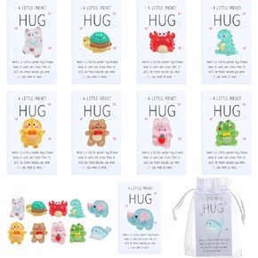 NEWEST 10 Sets Little Pocket Hug Bulk, Resin Animal Pocket Hug Token with Inspirational Card & Organza Bag Small Emotional Support Exchange Cards for Employee Appreciation Coworker Friend Family Gifts