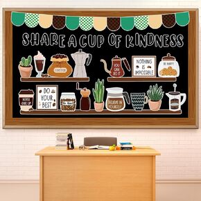 Coffee Bulletin Board Classroom Decoration Coffee Cup Bookshelf Paper Cutouts Positive Kindness Bulletin Board for Back to School Nursery Chalkboard Classroom Home Office Chalkboard Wall Door Supplies