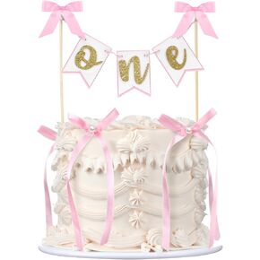 Honeydak 11 Pcs Pink Bow 1st Birthday Cake Topper One Cake Topper with Wood Pole Handmade Pennant Flags with 10 Bow Ribbon Suitable for Baby Shower Favors, Gender Reveal, Baby Photo Booth Props