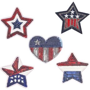 Totelux 4th of July Star Iron on Patches Star Heart America Flag Sequins Embroidered Patches Independence Day Patriotic Sew on Appliques for Clothes Jeans Hat Shirt Bags DIY Decorations Craft 5Pcs
