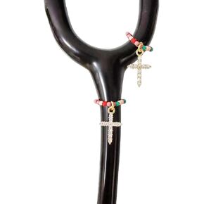 2 Pack Bling Cross Stethoscope Charms for nurses, Red Pink Green Blue Blessed Faith Cute Custom Stethoscope Id Name Tag Charm, Gold Sparkle RN Nurse Stethoscope Charm Medical Accessory for Littman and More