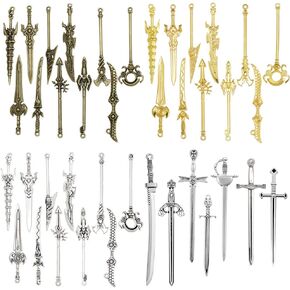 QINIZX 40 Pieces Antique Swords Knife Bookmark Charms Swords Knife Charms Pendants for Bookmarks DIY Necklace Bracelace Jewelry Making Craft Supplies (Bronze, Sliver, Gold)