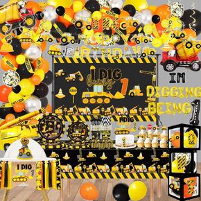 348 Pcs Construction 2nd Birthday Decorations, Dump Truck Two Years Old Party Supplies Include Balloons Box, Backdrop, Hanging Swirls, High Chair Banner, Hat, Tablecloth, Plates, Cake Toppers