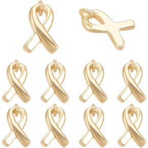 BENECREAT 10pcs Real 18K Gold Plated Awareness Ribbon Charms, Breast Cancer, Brass Hope Awareness Pendant Charms with Loop for Jewelry Making, DIY Craft Supplies, 9x5x1mm