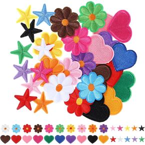 30 PCS Colorful Flower Iron on Patches, Heart and Star Applique Patches for Clothing, DIY Embroidered Patches, Sew on Embroidered Applique Sewing Patches for Jackets, Jeans, Backpacks