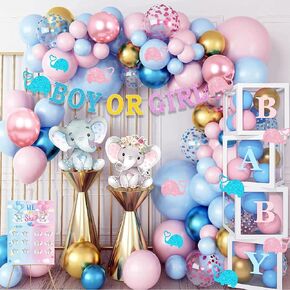 164pcs Gender Reveal Decorations, Gender Reveal Supplies Kit, Baby Boxes Gender Reveal Balloon Decorations Kit, Pink and Blue Elephant Gender Reveal Decorations, Boy or Girl Decorations Kit