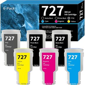 727 Ink Cartridges 300ML 6-Pack (PB, MB, Cyan, Magenta, Yellow, Gray) C1Q12A F9J76A F9J77A F9J78A F9J79A F9J80A Replacement for HP 727 Ink for DesignJet T920 T930 T1500 T1530 T2500 T2530 Printer Ink