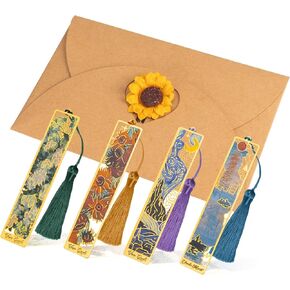 4 Pieces Metal Bookmarks Exquisite with Tassel,Golden Hollow Bookmark with Envelopes,Oil Painting Theme Vintage Book Mark,Pretty Bookmarks for Friends Teachers Students Birthday Present