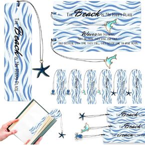 24 Pcs Beach Bookmarks with Ocean Marine Animal Pendants Inspirational Wooden Bookmark Bulk Ocean Waves Reading Accessories for Back to School Students Teacher Women Tropical Summer Beach Lover Gift