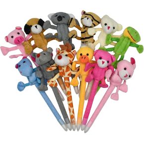 Maydahui 12 PCS Plush Animal Ballpoint Pen Cute Cartoon Fluffy Pens Bear Rabbit Duck Pig Dog Frog Style Blue Ink for School Party Supply