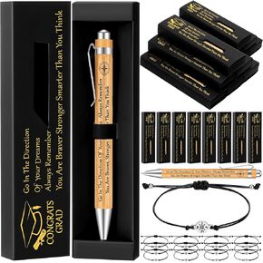 24 Sets Graduation Gifts Bulk Class of 2025 Wood Bamboo Pens with Motivational Quote Pen Boxes Adjustable Compass Bracelets High School College Graduation Gifts for Grad Students