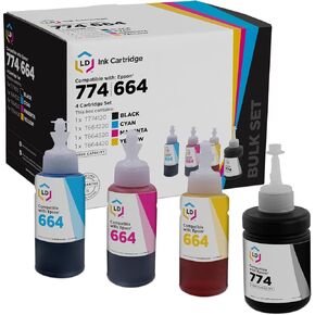 LD Compatible Ink Bottle Replacements for Epson 774 & Epson 664 (1 Black, 1 Cyan, 1 Magenta, 1 Yellow, 4-Pack)
