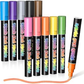 Liquid Chalk Markers for Chalkboard: 10 Metallic Colors Erasable Chalk Pens, Window Markers for Glass Washable, Chalk Board Marker for Blackboard, Bistro Menu, Car Windows, Glass, Mirrors, Labels