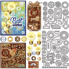 GLOBLELAND Vintage Water Pipe Gear Cutting Dies for DIY Scrapbooking Metal Retro Light Bulb Number Cut Dies for Card Making Embossing Photo Album Craft Decor