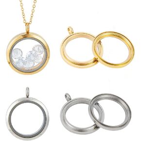 4pcs Photo Locket Charms Necklace Round Stainless Steel Locket Pendants Crystal Double-Sided Picture Frame Memory Locket Charm with 17.7inch Chain for Wedding Jewellery Making Photo
