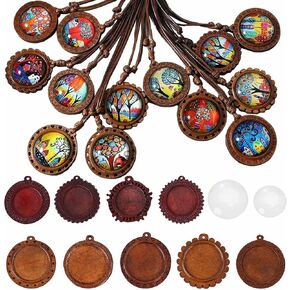DAHI 36pcs Brown Wood Bezel Round Wooden Pendants Trays Bezels 9 Styles Bezels Pendant Trays with Cabochon Pendant for DIY Photo Jewelry Making Crafts